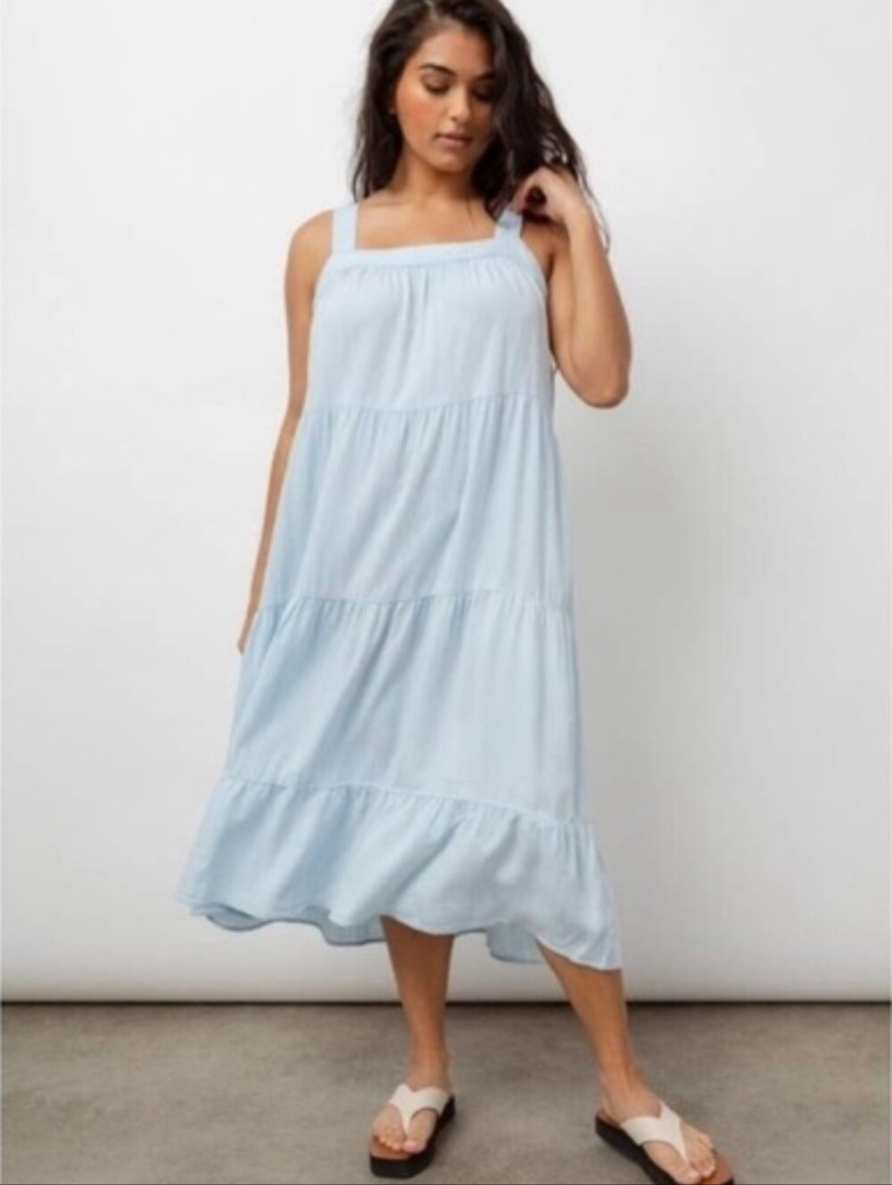 Rails Anthro Amaya Dress Chambray Tier Midi Boho Coastal Beach
